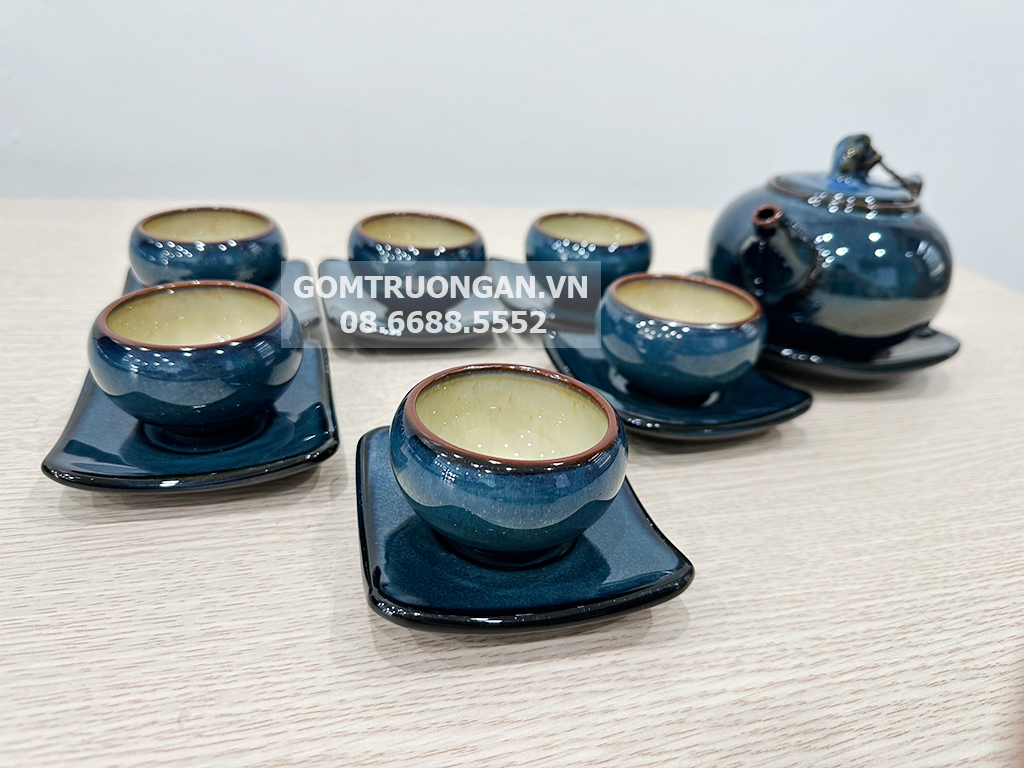 Bộ ấm chén men hỏa biến xanh 5