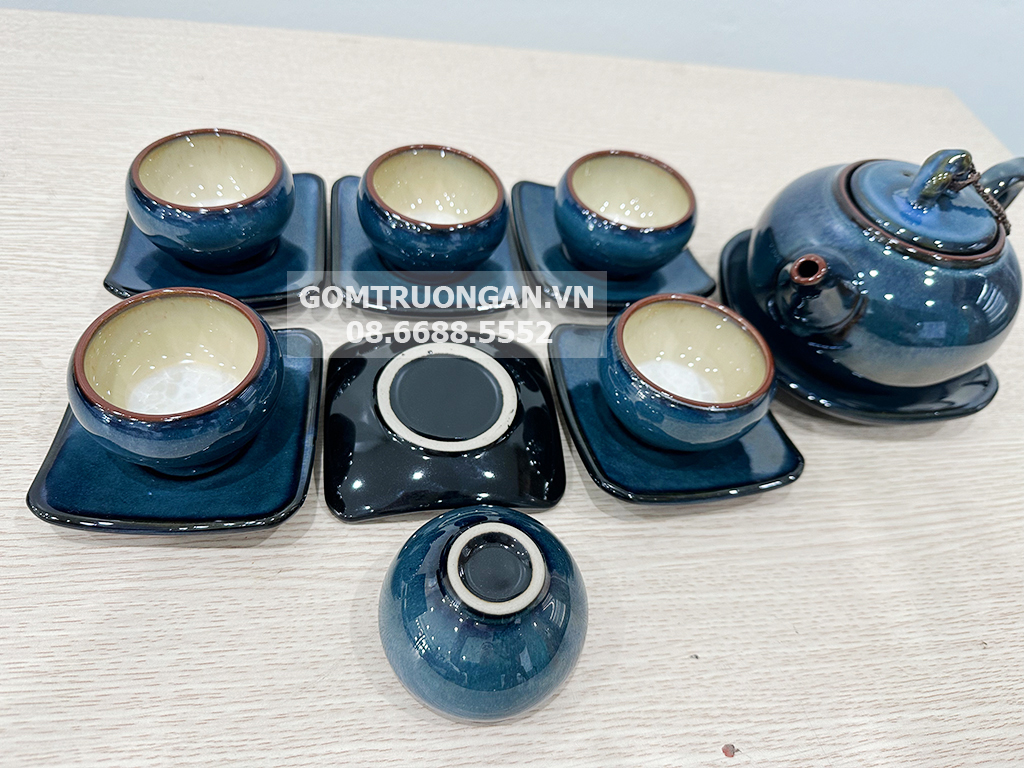 Bộ ấm chén men hỏa biến xanh 6