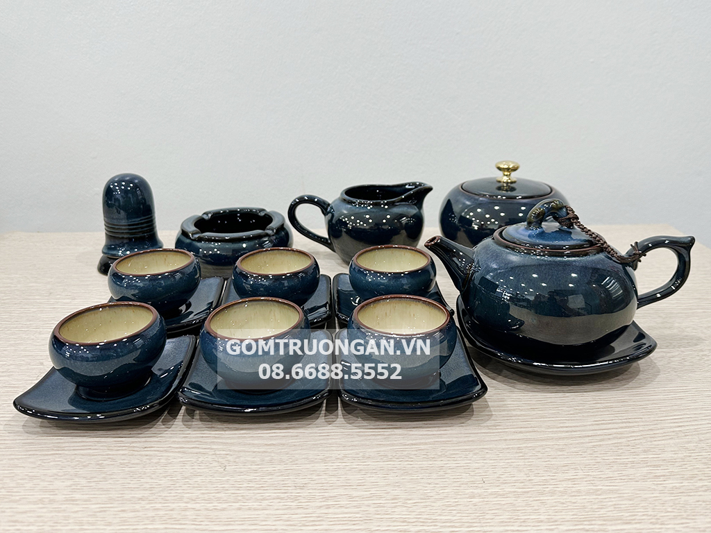 Bộ ấm chén men hỏa biến xanh đầy đủ phụ kiện 2