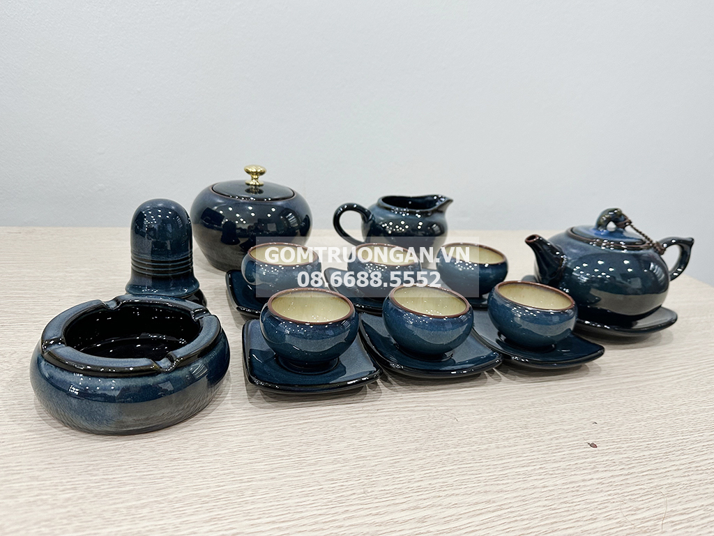 Bộ ấm chén men hỏa biến xanh đầy đủ phụ kiện 3