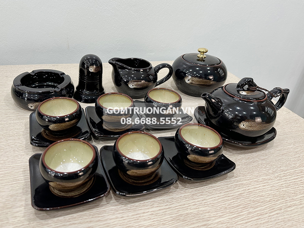 Bộ ấm chén men hỏa biến xanh đầy đủ phụ kiện 3