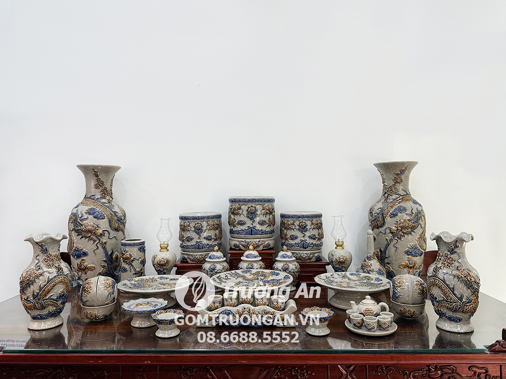 Bộ đồ thờ Bát Tràng men rạn nổi rồng Phúc Quý ban thờ 2m17 1