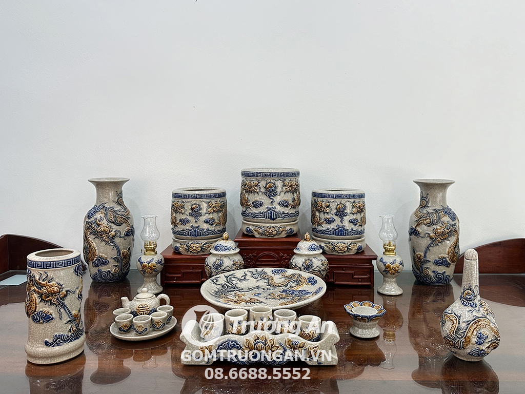 Bộ đồ thờ Bát Tràng men rạn nổi rồng Phúc Quý ban thờ 1m53 2