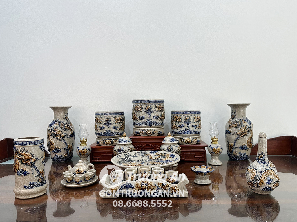 Bộ đồ thờ Bát Tràng men rạn nổi rồng Phúc Quý ban thờ 1m53 1