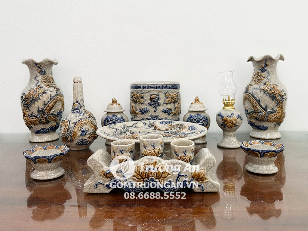 Bộ đồ thờ Bát Tràng men rạn nổi rồng Phúc Quý ban thờ 1m07 2