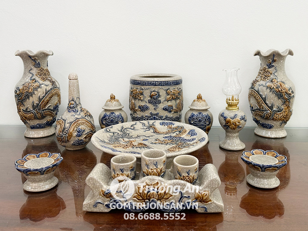 Bộ đồ thờ Bát Tràng men rạn nổi rồng Phúc Quý ban thờ 1m07 1