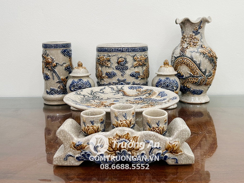 Bộ đồ thờ cúng Bát Tràng men rạn nổi Phúc Quý ban thờ treo tường chung cư 2