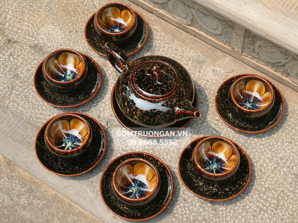 Bộ ấm chén Hoàng Kim Sa men hỏa biến Bát Tràng 2