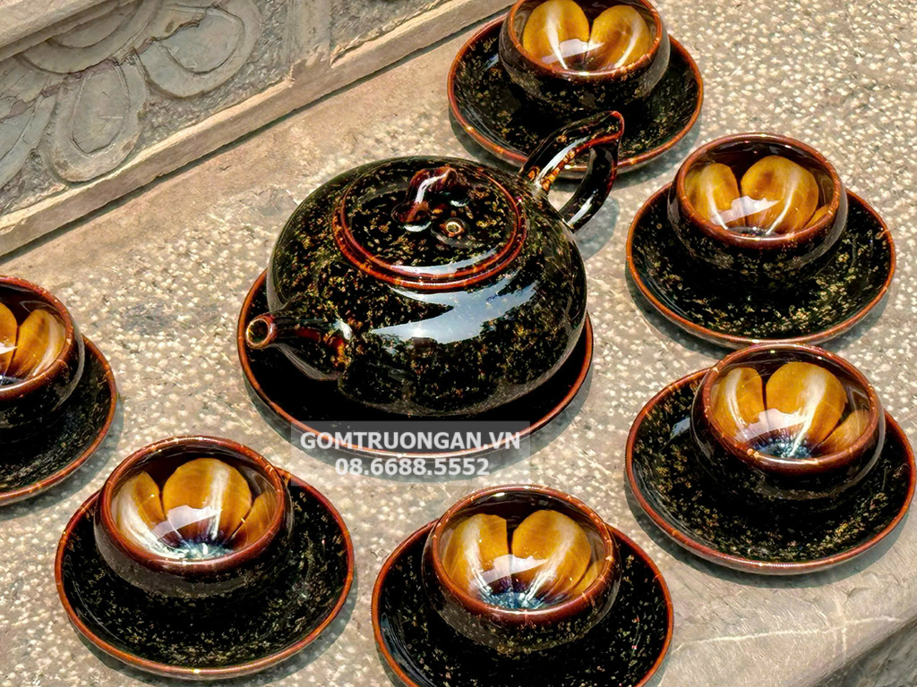 Bộ ấm chén Hoàng Kim Sa men hỏa biến Bát Tràng 4