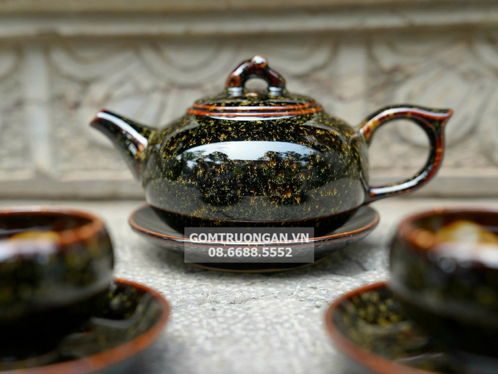 Bộ ấm chén Hoàng Kim Sa men hỏa biến Bát Tràng 5