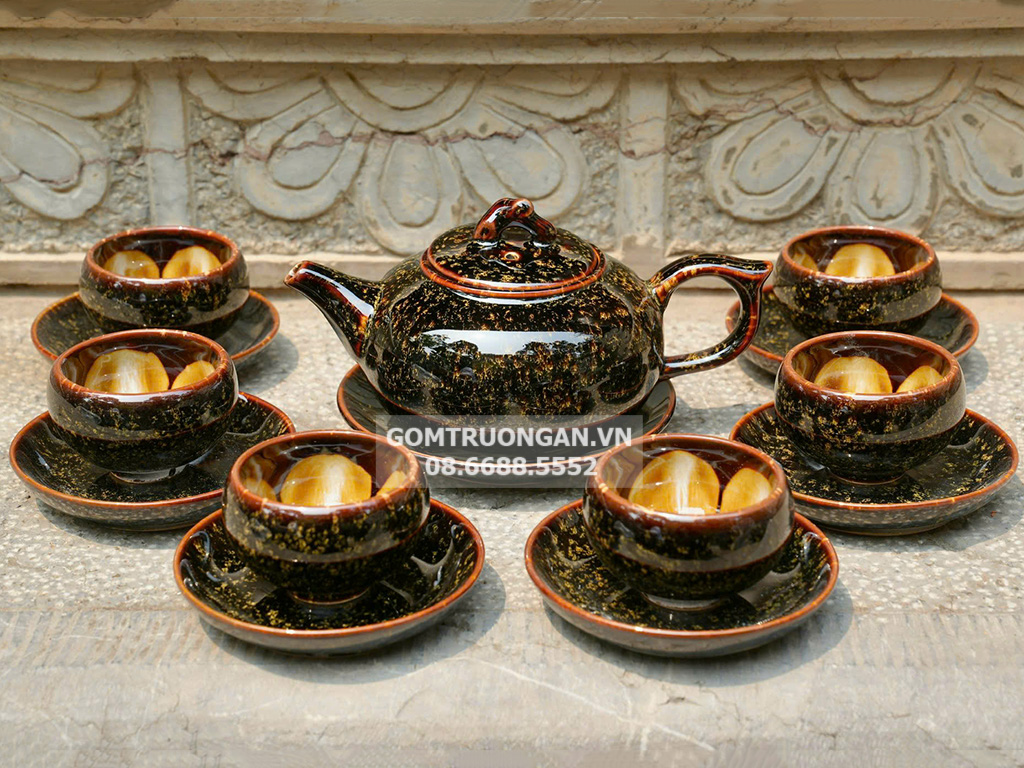 Bộ ấm chén Hoàng Kim Sa men hỏa biến Bát Tràng 1
