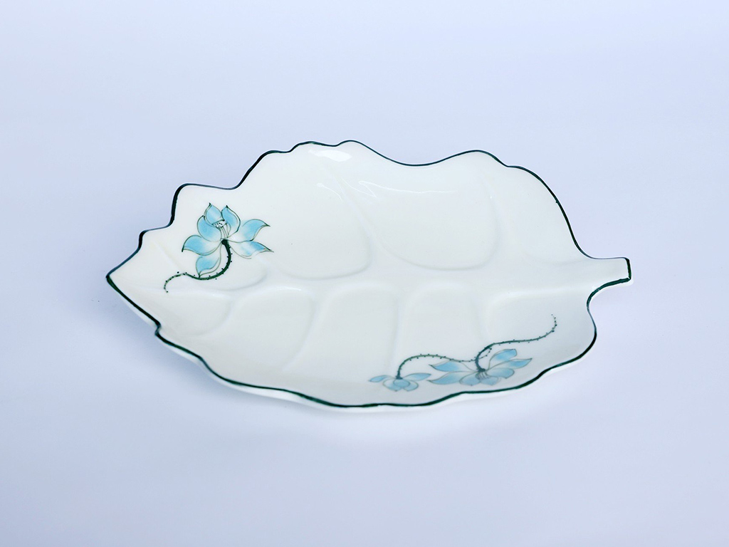 Bộ b&aacute;t đĩa Bát Tràng men kem sen xanh 6 người ăn S2 - đĩa l&aacute;