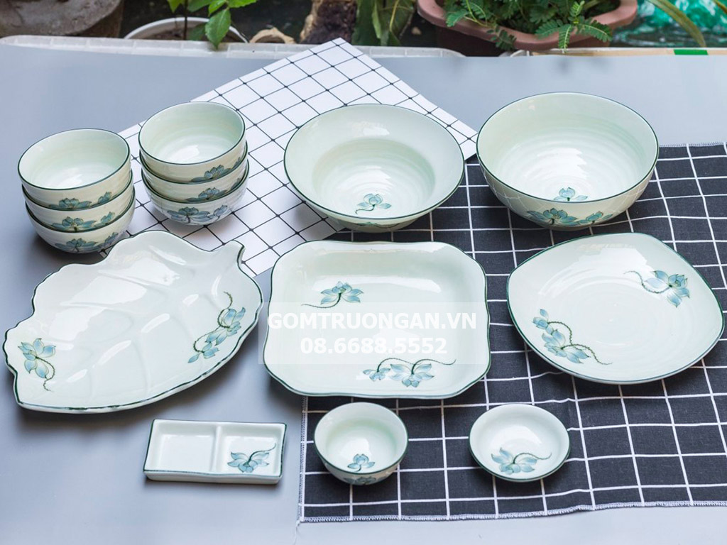 Bộ bát đĩa Bát Tràng men kem sen xanh 6 người ăn S2 1
