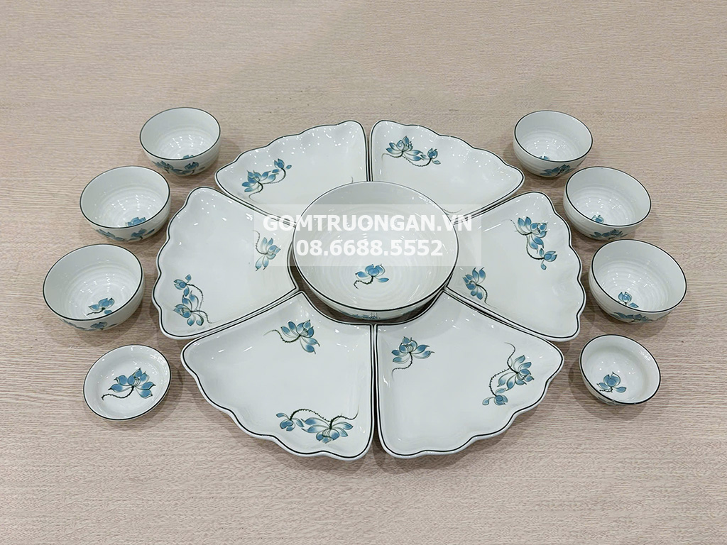 Bộ b&aacute;t đĩa B&aacute;t Tr&agrave;ng hoa mặt trời m&acirc;m c&uacute;ng gia ti&ecirc;n sen xanh