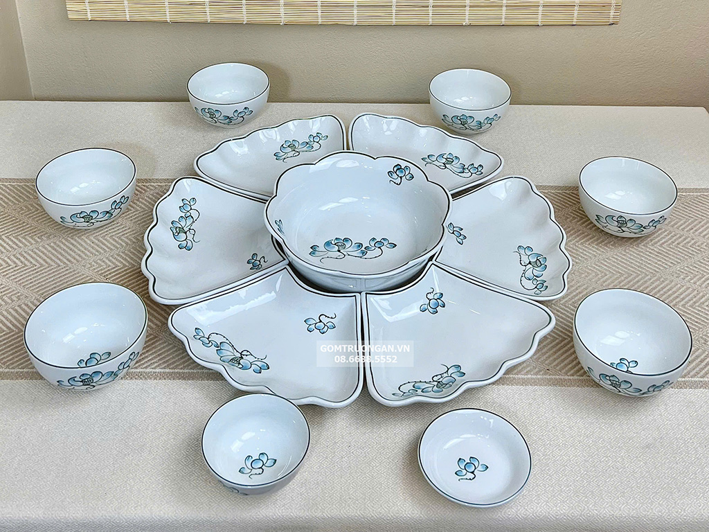 Bộ bát đĩa thắp hương hoa mặt trời mâm cúng gia tiên men trắng sen xanh 55cm 1