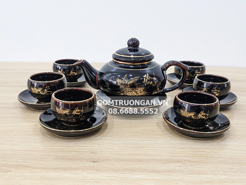 Bộ ấm trà Bát Tràng Vinh Hoa Phú Quý men đen bóng 2