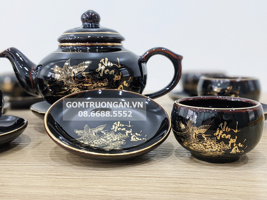 Bộ ấm trà Bát Tràng Vinh Hoa Phú Quý men đen bóng 3
