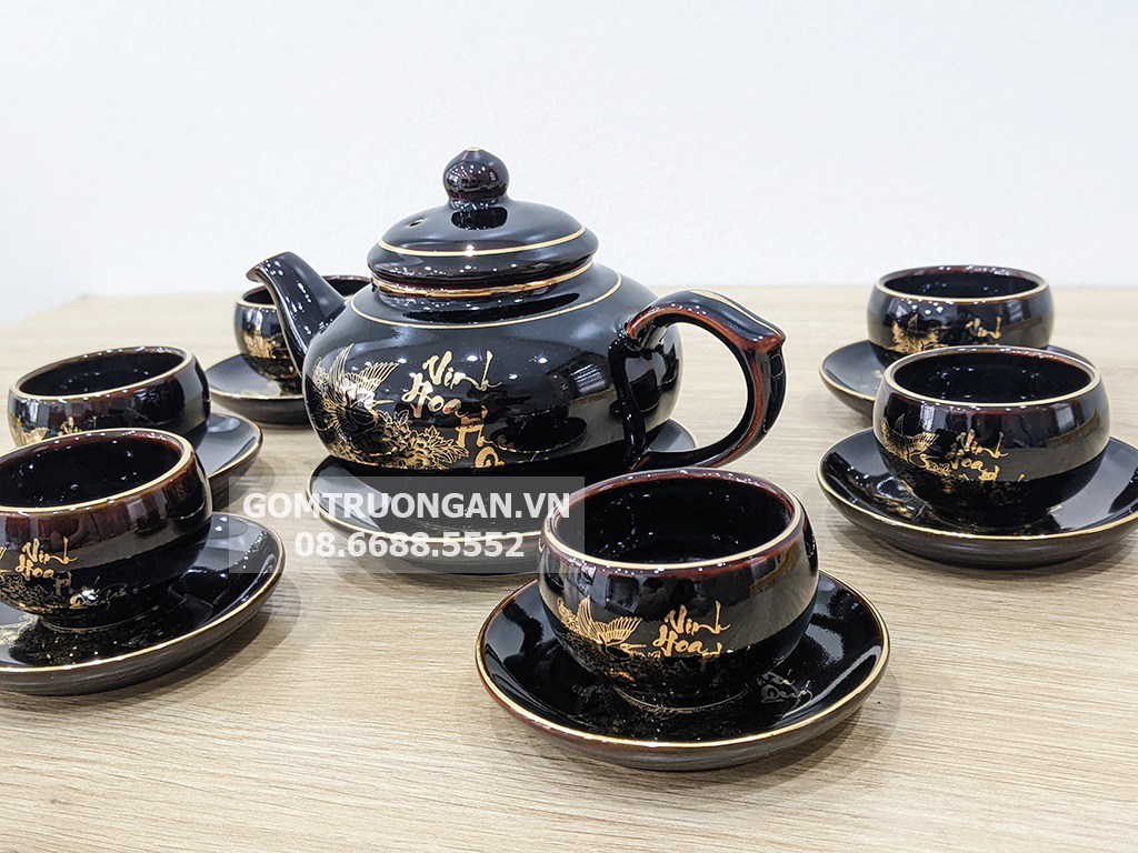 Bộ ấm trà Bát Tràng Vinh Hoa Phú Quý men đen bóng 4