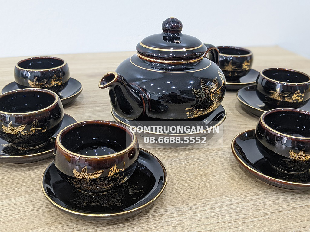 Bộ ấm trà Bát Tràng Vinh Hoa Phú Quý men đen bóng 5
