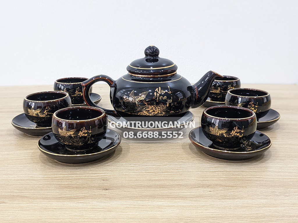 Bộ ấm trà Bát Tràng Vinh Hoa Phú Quý men đen bóng 1