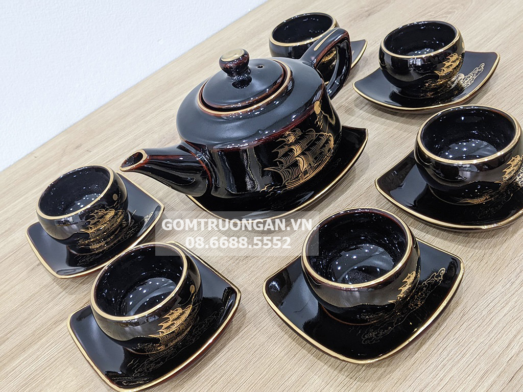 Bộ ấm trà Bát Tràng cao cấp men đen bóng Thuận Buồm Xuôi Gió 2