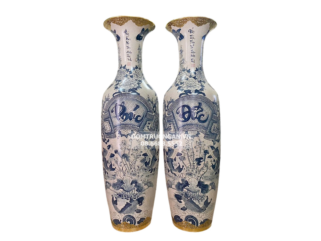 Lọ lộc bình Bát Tràng men rạn Phúc Đức vẽ kỹ 1m6 bọc đồng 1