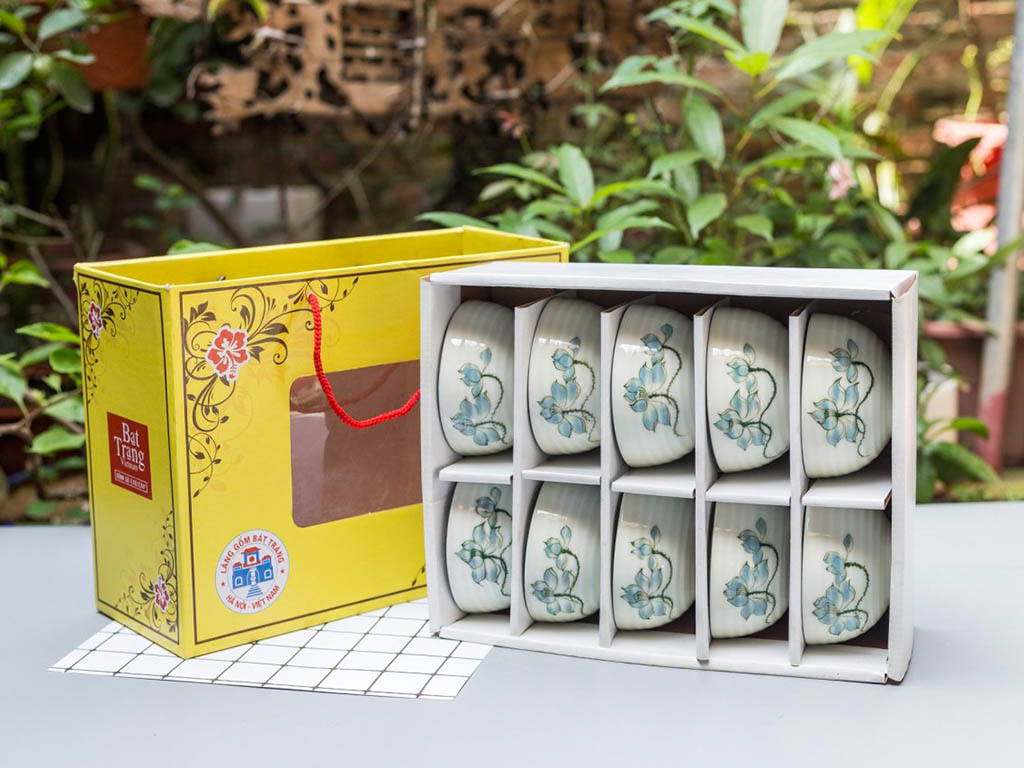 Bộ 10 bát ăn cơm Bát Tràng men kem vẽ hoa sen xanh 1