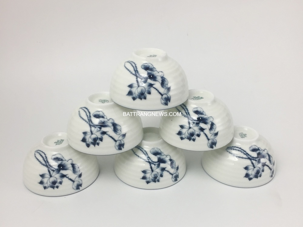Bộ 6 bát ăn cơm Bát Tràng men kem vẽ sen lam 5