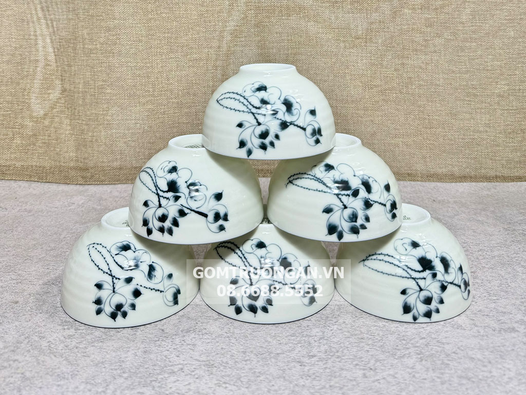 Bộ 6 bát ăn cơm Bát Tràng men kem vẽ sen lam 1