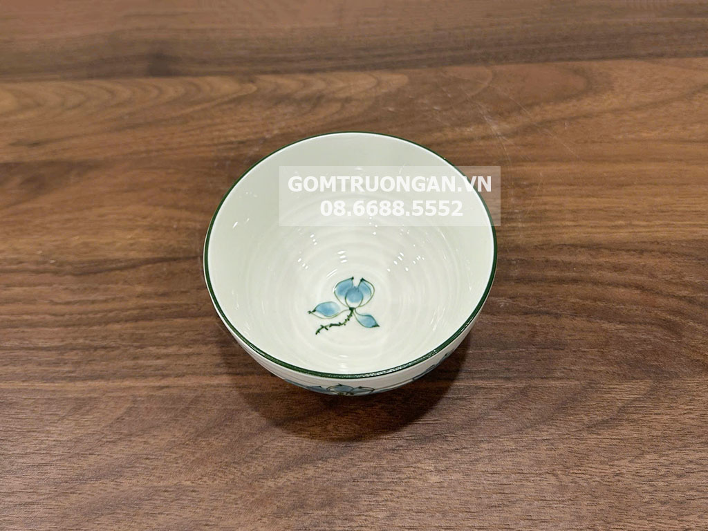 Bộ 6 bát ăn cơm Bát Tràng men kem vẽ hoa sen xanh 3