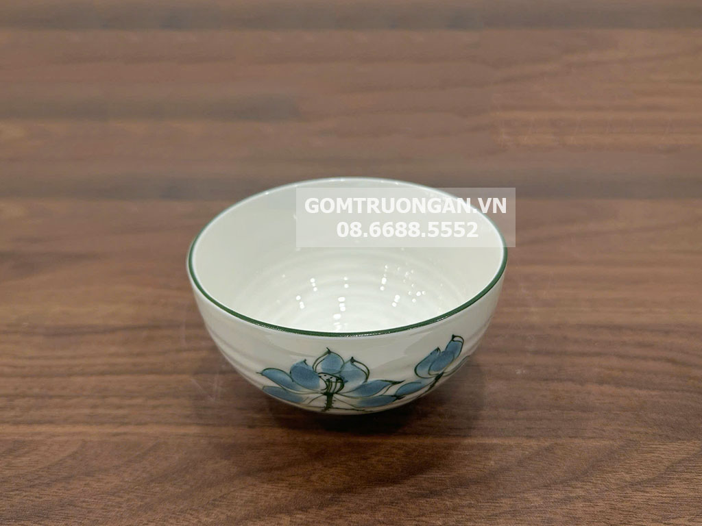 Bộ 6 bát ăn cơm Bát Tràng men kem vẽ hoa sen xanh 2