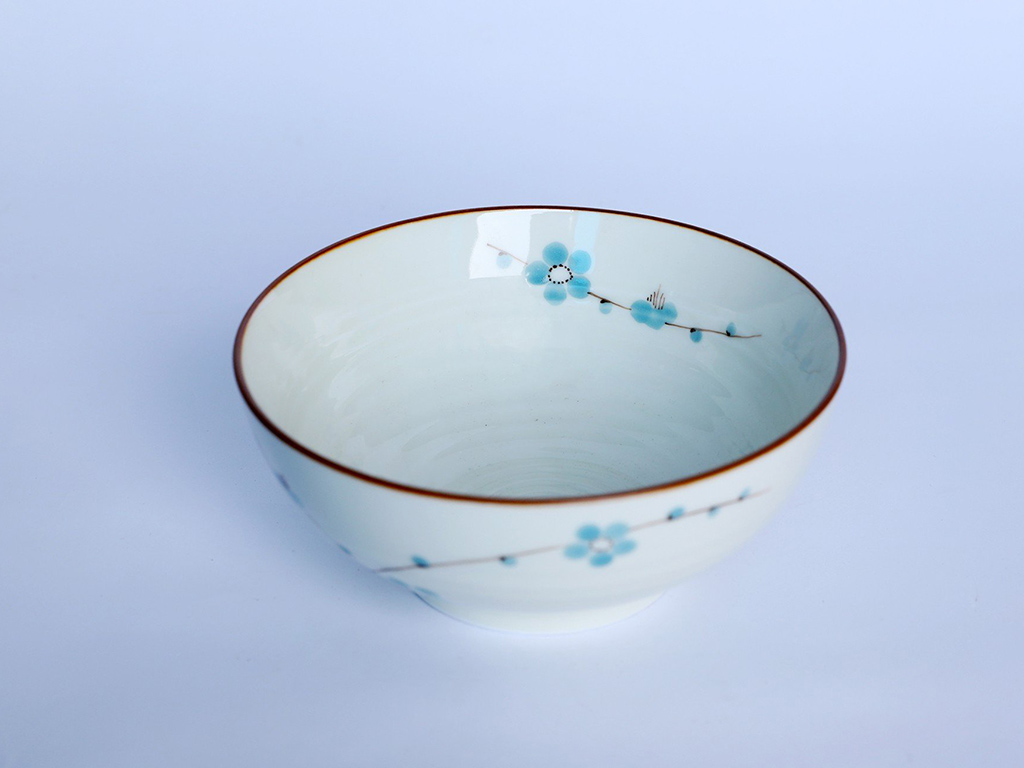 Bộ bát đĩa Bát Tràng men kem vẽ hoa Đào xanh mẫu 09 3