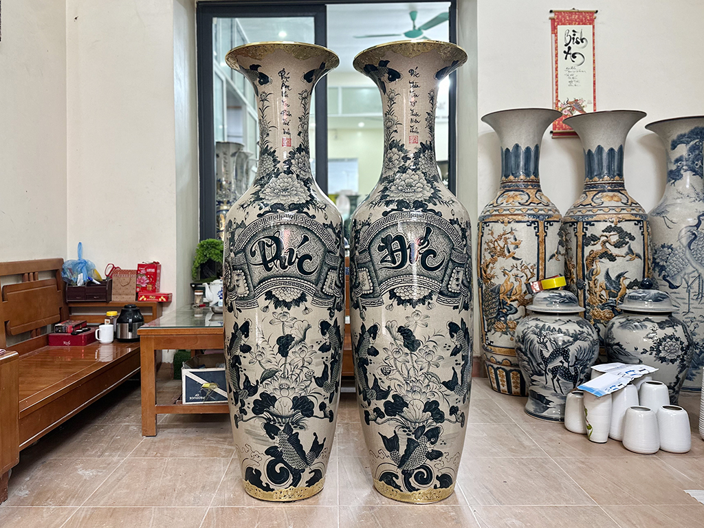 Lọ lộc bình Bát Tràng men rạn bóng Đức Phúc 1m6 bọc đồng 1