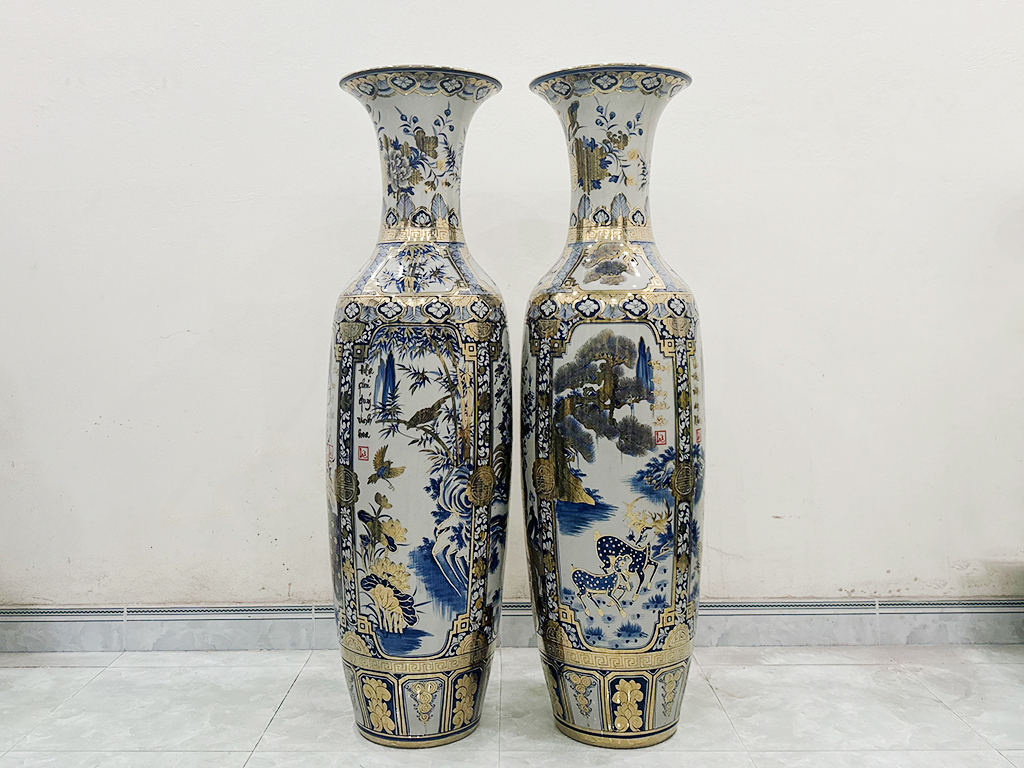 Lọ lộc bình Bát Tràng men lam Tứ quý 1m4 vẽ vàng nano 3