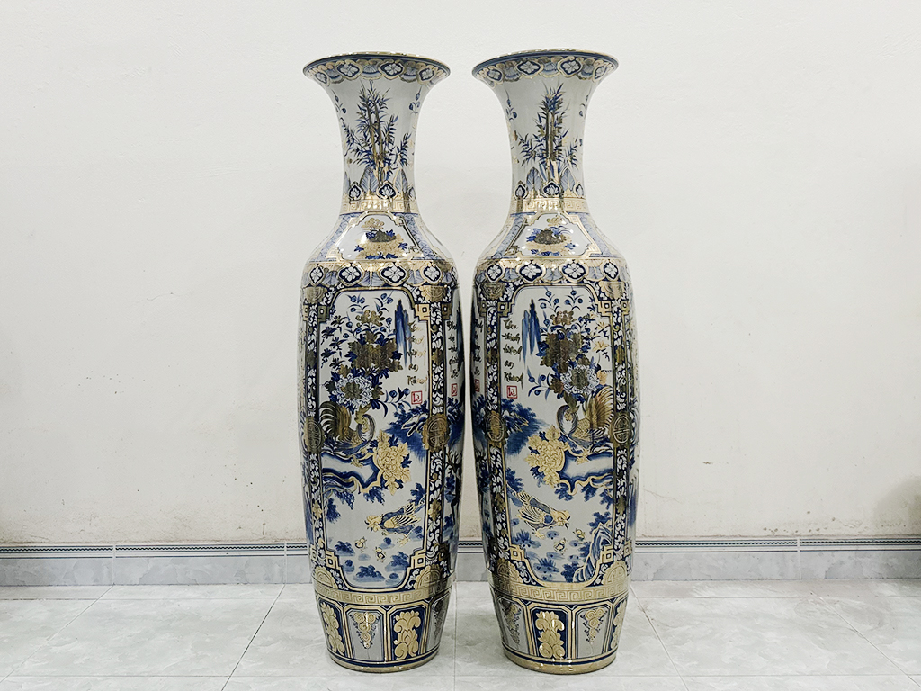 Lọ lộc bình Bát Tràng men lam Tứ quý 1m4 vẽ vàng nano 2