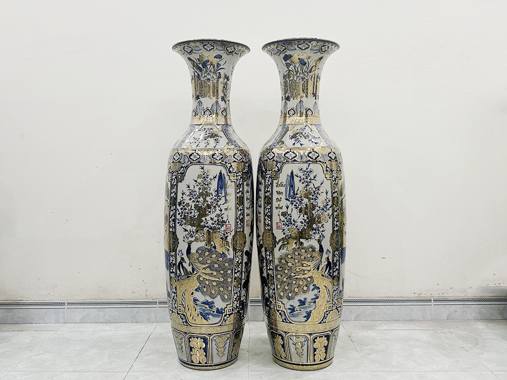 Lọ lộc bình Bát Tràng men lam Tứ quý 1m4 vẽ vàng nano 1