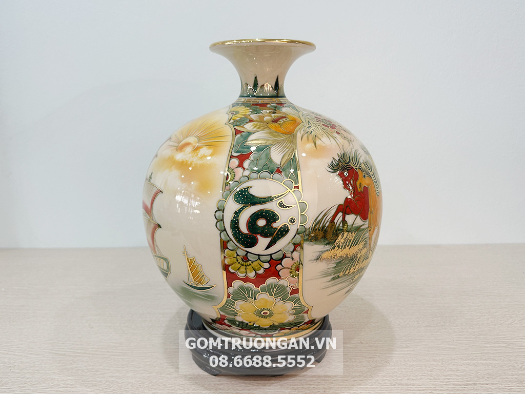 Bình hút tài lộc Thuận Buồm Xuôi Gió Phú Quý men hoàng thổ 3D vẽ vàng 4