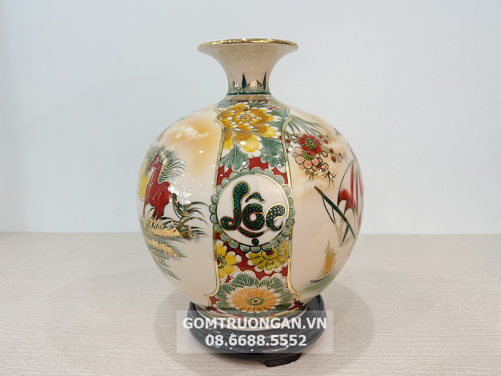 Bình hút tài lộc Thuận Buồm Xuôi Gió Phú Quý men hoàng thổ 3D vẽ vàng 3