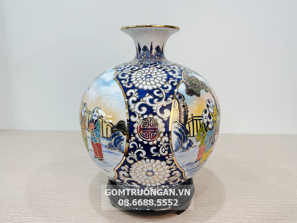 Bình hút tài lộc Bát Tràng Bách Nhi Bách Phúc vẽ vàng 30cm 2
