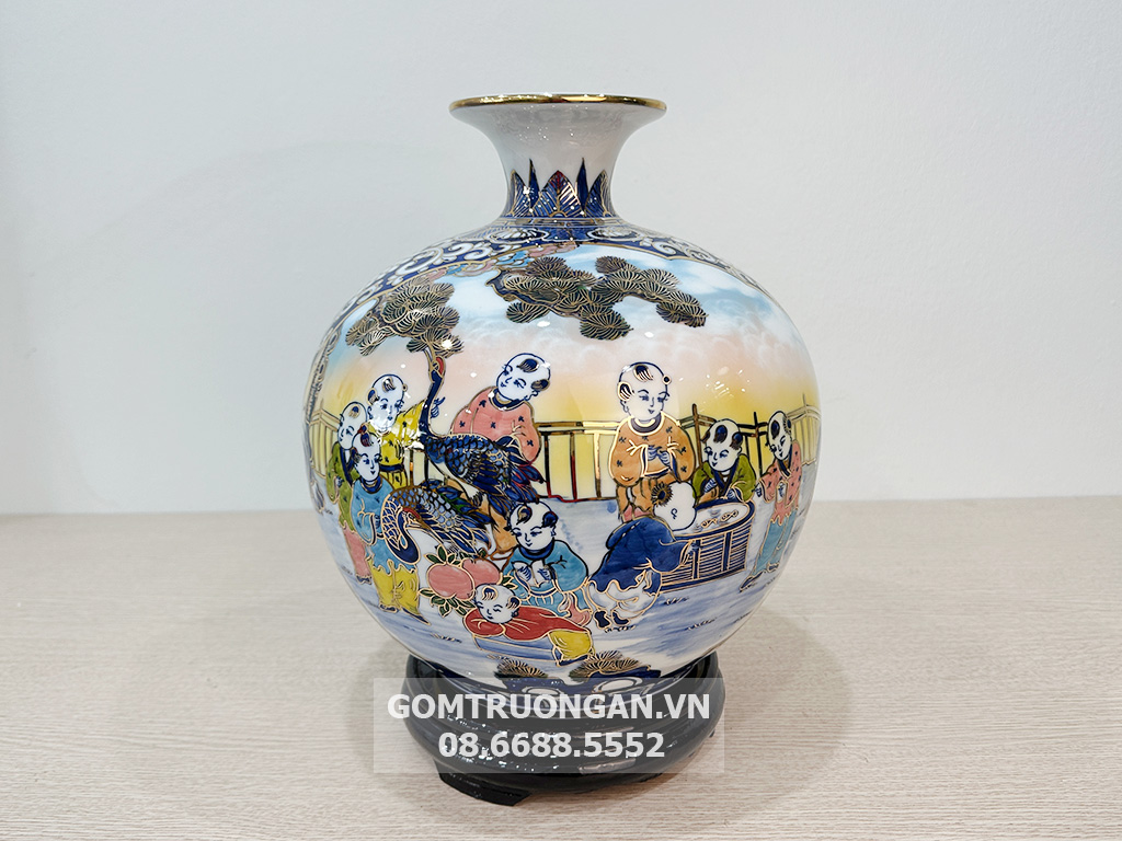 Bình hút tài lộc Bát Tràng Bách Nhi Bách Phúc vẽ vàng 30cm 1