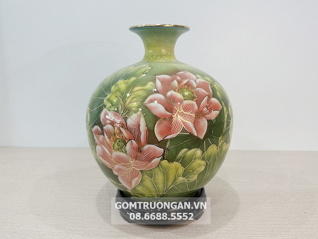 Bình hút tài lộc Bát Tràng vẽ vàng Sen Hạc phun 3D xanh ngọc 3