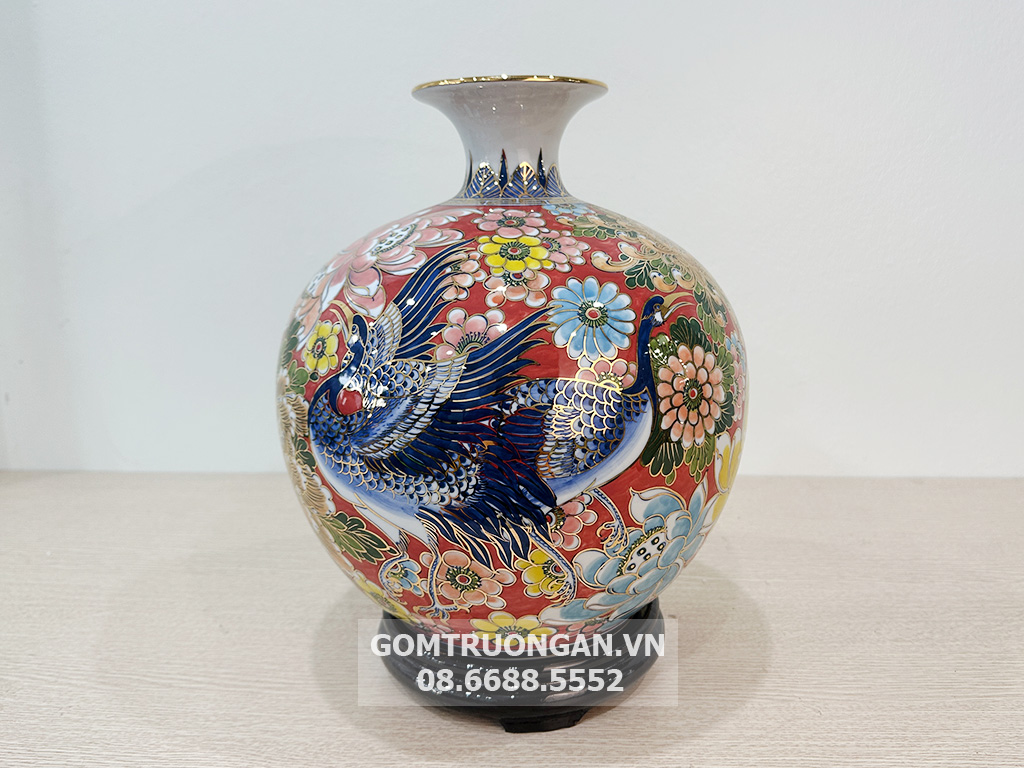 Bình hút tài lộc Bát Tràng vẽ vàng Bách Hạc Liên Hoa 2
