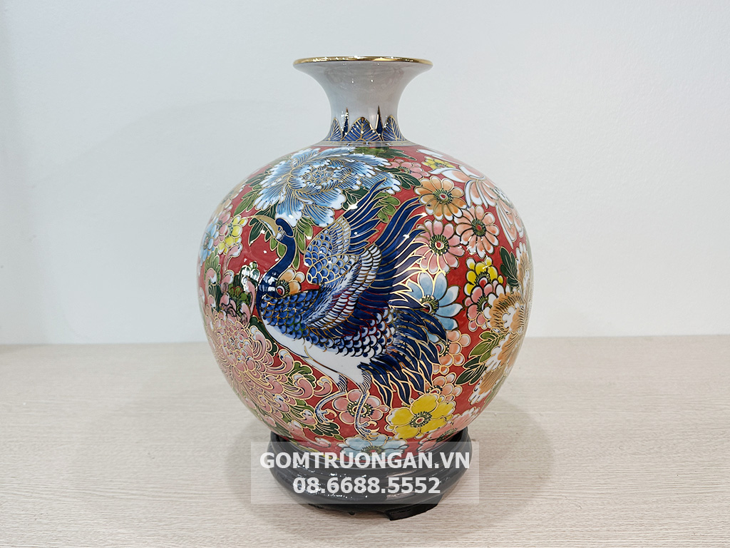Bình hút tài lộc Bát Tràng vẽ vàng Bách Hạc Liên Hoa 3