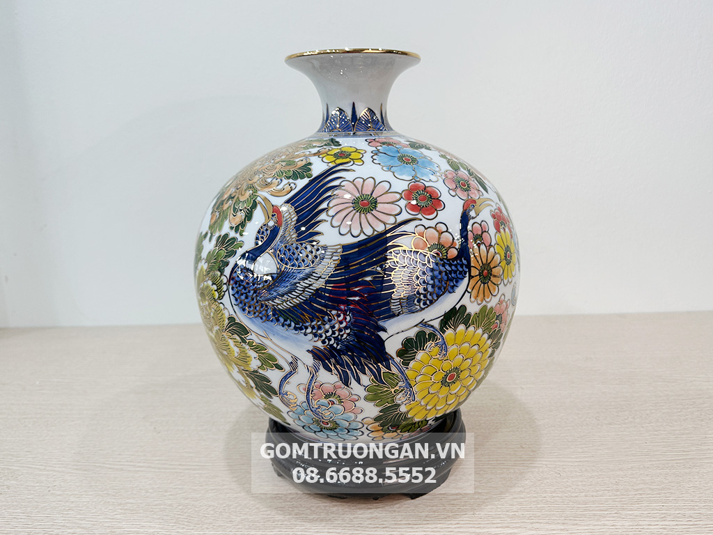 Bình hút tài lộc Bát Tràng Bách Hạc Liên Hoa vẽ vàng 30cm 2