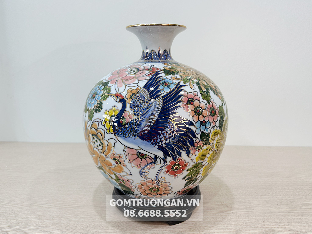 Bình hút tài lộc Bát Tràng Bách Hạc Liên Hoa vẽ vàng 30cm 3