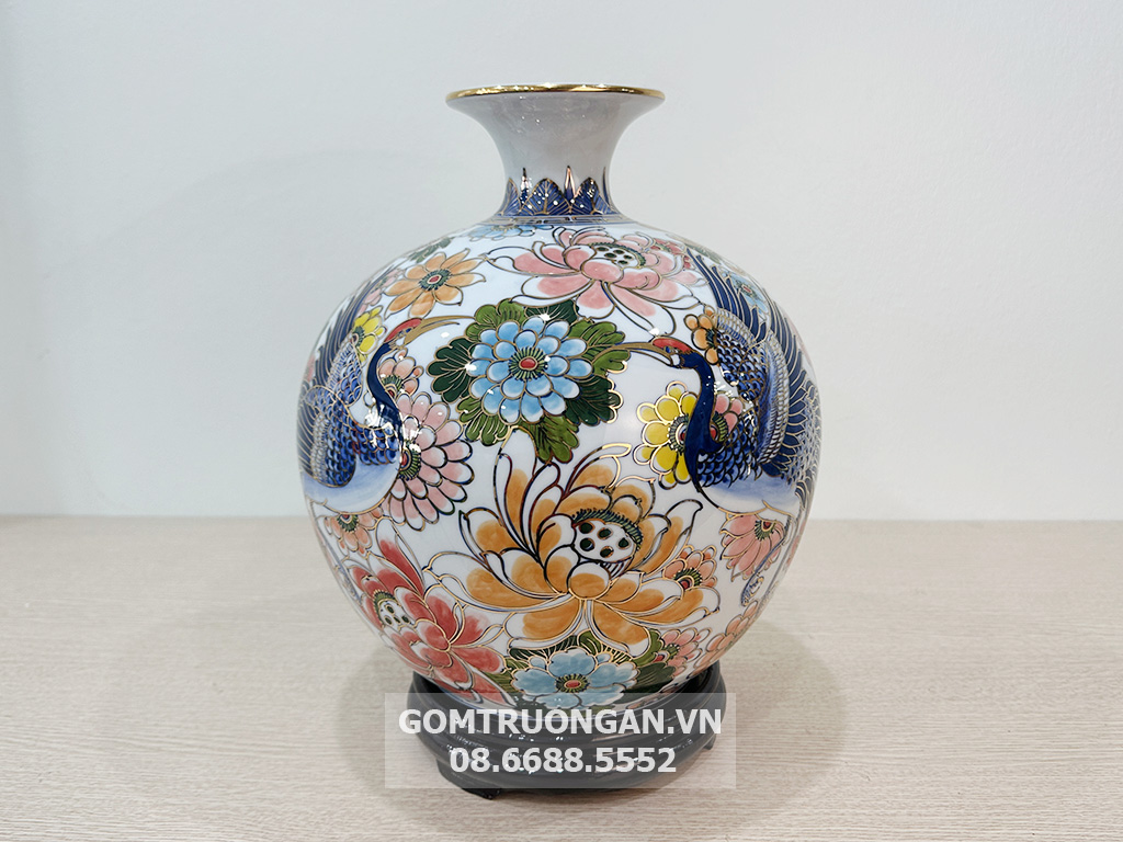 Bình hút tài lộc Bát Tràng Bách Hạc Liên Hoa vẽ vàng 30cm 1