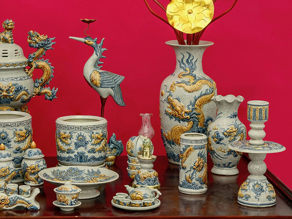 Bộ đồ thờ Bát Tràng Trường Xuân ngũ sự men rạn đắp nổi rồng 2m17 đầy đủ 4