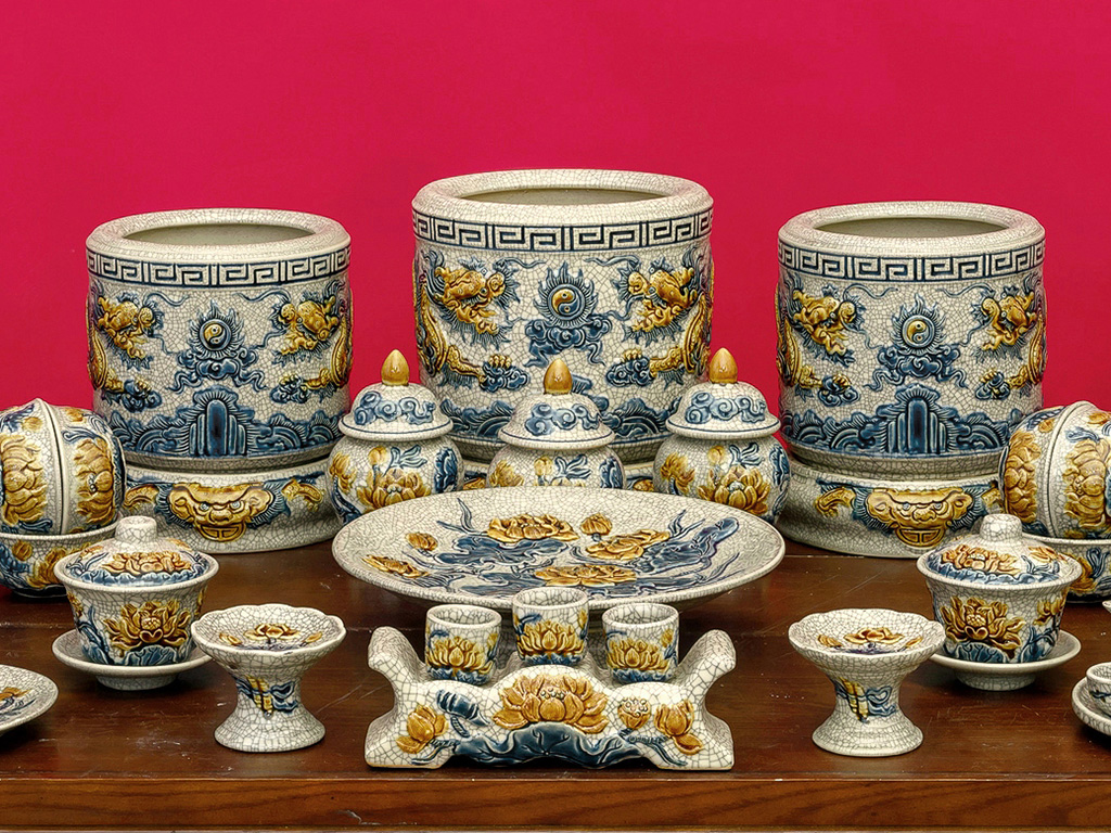 Bộ đồ thờ Bát Tràng Trường Xuân men rạn đắp nổi rồng ban thờ 1m75 2