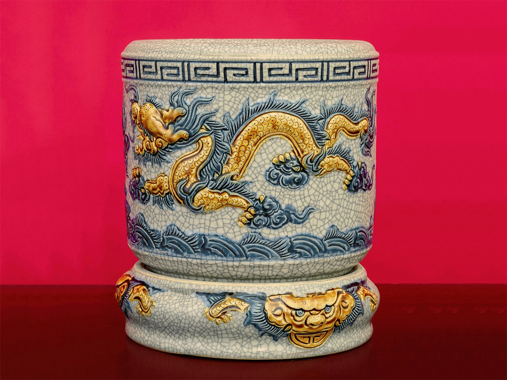 Bộ đồ thờ Bát Tràng Trường Xuân men rạn đắp nổi rồng ban thờ 1m27 7