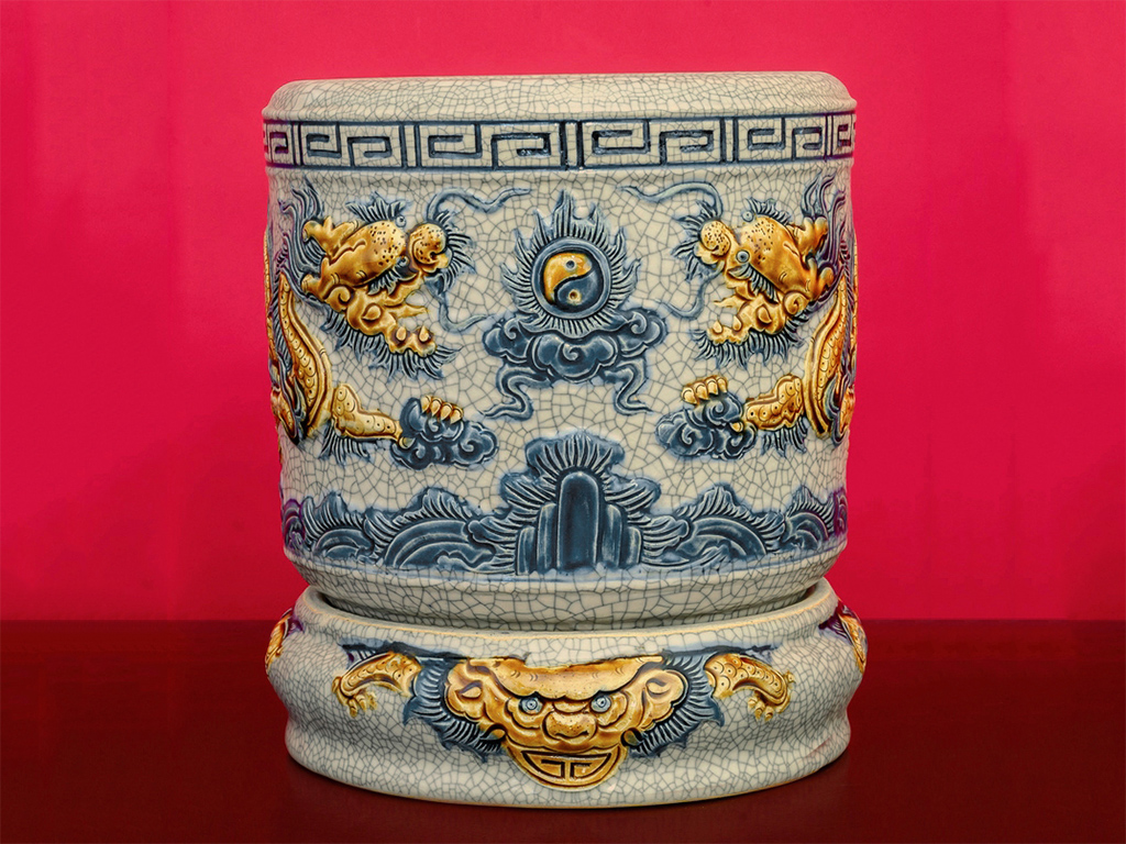 Bộ đồ thờ Bát Tràng Trường Xuân men rạn đắp nổi rồng ban thờ 1m27 5